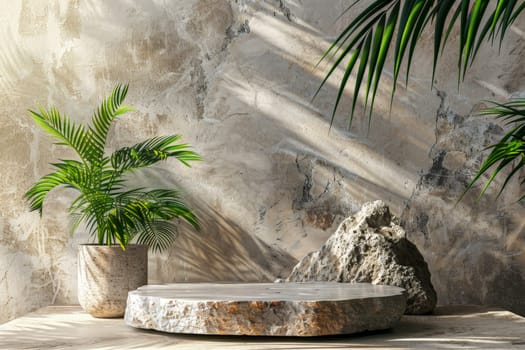 A stone pedestal with a green background and plants. stone podium for mockup.aigenerative.