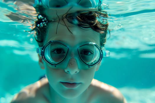 A young boy is swimming in a pool wearing goggles.ai generative.