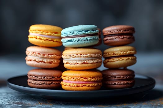 A stack of colorful macarons on a black plate.ai generative.