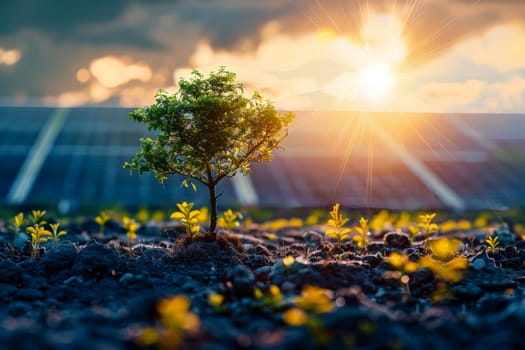 A small tree is growing in a field of solar cells .renewable energy and sustainable .AI generative.