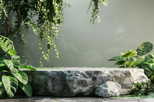 A stone pedestal with a green background and plants. stone podium for mockup.aigenerative.
