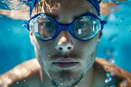 A man wearing blue goggles is underwater.ai generative.