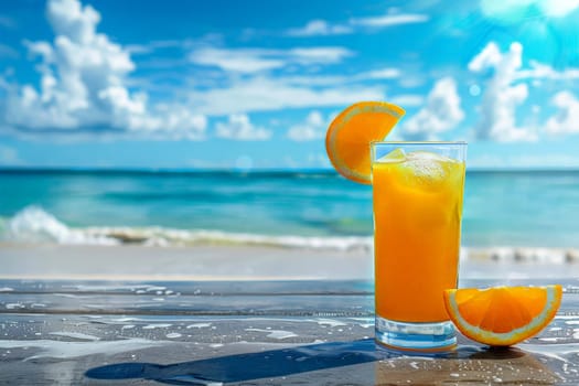 A glass of orange juice with a straw in it is sitting on a table by the ocean.ai generative.