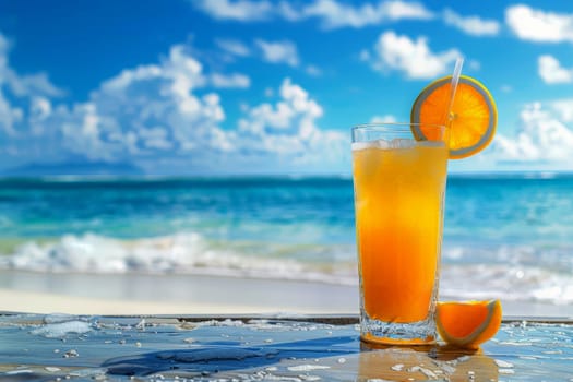 A glass of orange juice with a straw in it is sitting on a table by the ocean.ai generative.