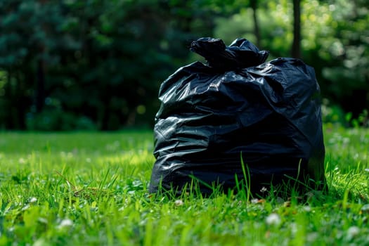 A black trash bag is sitting on the grass in a park.ai generative.