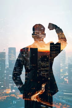 double exposer A man in a suit is standing in front of a city skyline. success and achievement .ai generative.