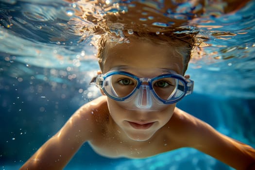 A young boy is swimming in a pool wearing goggles.ai generative.