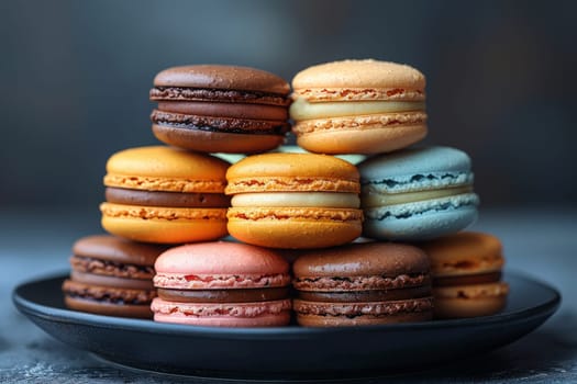 A stack of colorful macarons on a black plate.ai generative.