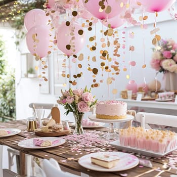 Birthday tablescape or candy bar with sweets, Birthday cake and cupcakes, beautiful party and celebration