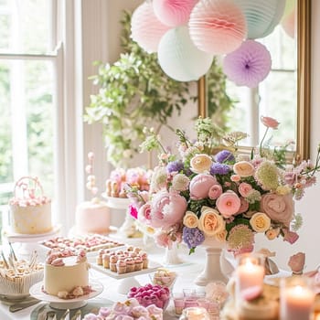 Birthday tablescape or candy bar with sweets, Birthday cake and cupcakes, beautiful party and celebration