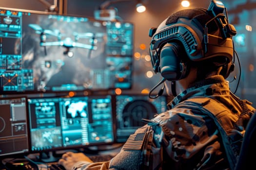 Soldier Command operating at control panel in monitoring war room on war base. Generative AI.