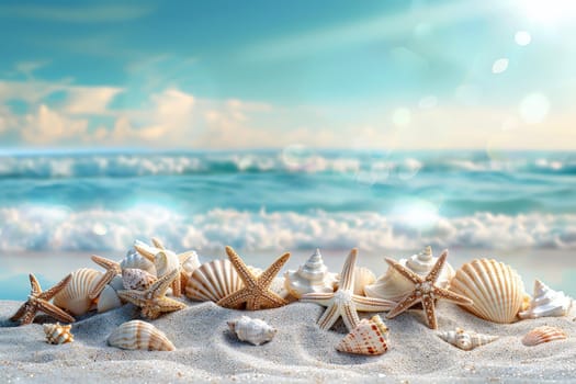 A beach scene with a variety of shells and a starfish summer holiday vocation .ai generative.