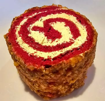 Red Velvet Roll Cake with candied peanuts shred topping for cooking content ideas