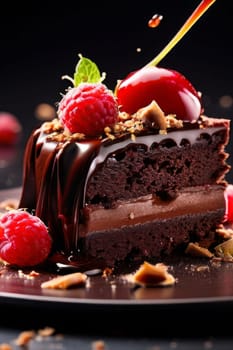 Decadent chocolate cake adorned with fresh raspberries, drizzled with rich chocolate sauce, perfect combination of sweet, tart flavors. For advertise cafe, patisserie, restaurant, food blog, cookbook