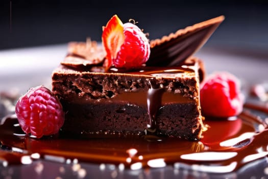 Decadent chocolate cake adorned with fresh raspberries, drizzled with rich chocolate sauce, perfect combination of sweet, tart flavors. For advertise cafe, patisserie, restaurant, food blog, cookbook