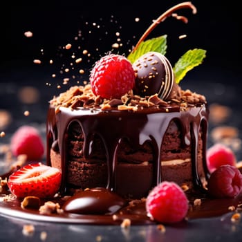 Decadent chocolate cake adorned with fresh raspberries, drizzled with rich chocolate sauce, perfect combination of sweet, tart flavors. For advertise cafe, patisserie, restaurant, food blog, cookbook