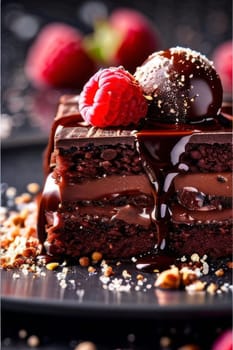 Decadent chocolate cake adorned with fresh raspberries, drizzled with rich chocolate sauce, perfect combination of sweet, tart flavors. For advertise cafe, patisserie, restaurant, food blog, cookbook