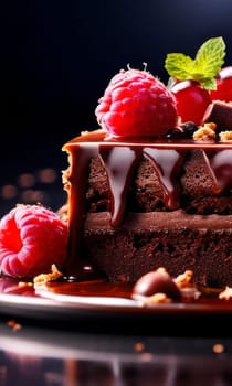 Decadent chocolate cake adorned with fresh raspberries, drizzled with rich chocolate sauce, perfect combination of sweet, tart flavors. For advertise cafe, patisserie, restaurant, food blog, cookbook