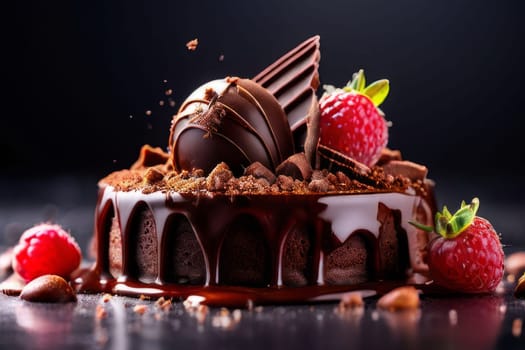 Decadent chocolate cake adorned with fresh raspberries, drizzled with rich chocolate sauce, perfect combination of sweet, tart flavors. For advertise cafe, patisserie, restaurant, food blog, cookbook