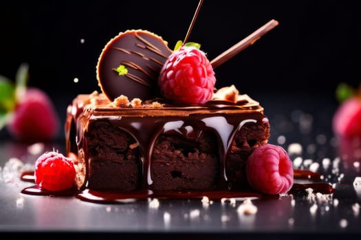 Decadent chocolate cake adorned with fresh raspberries, drizzled with rich chocolate sauce, perfect combination of sweet, tart flavors. For advertise cafe, patisserie, restaurant, food blog, cookbook