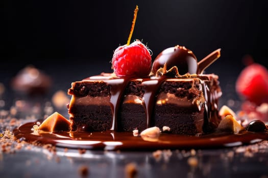 Decadent chocolate cake adorned with fresh raspberries, drizzled with rich chocolate sauce, perfect combination of sweet, tart flavors. For advertise cafe, patisserie, restaurant, food blog, cookbook