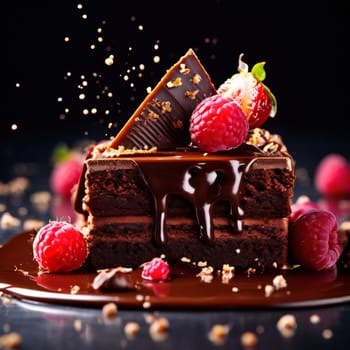 Decadent chocolate cake adorned with fresh raspberries, drizzled with rich chocolate sauce, perfect combination of sweet, tart flavors. For advertise cafe, patisserie, restaurant, food blog, cookbook