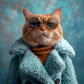 A small to mediumsized Felidae cat, wearing a coat and sunglasses, gazes confidently into the camera with its electric blue eyes, showcasing its creative artsy side