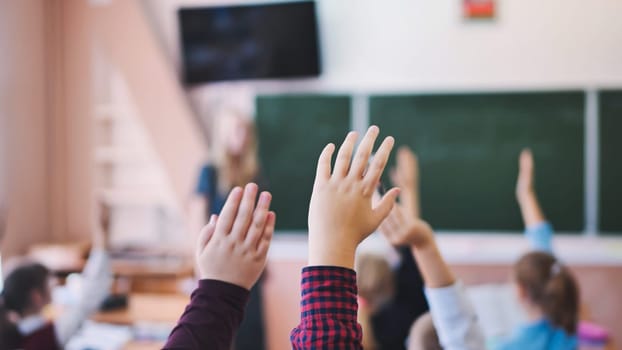 Elementary school students raise their hands during class