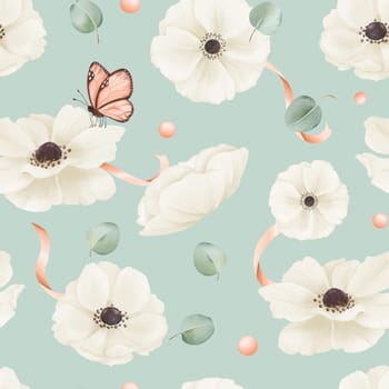 Seamless pattern featuring white watercolor anemones, eucalyptus leaves, satin ribbons, and rhinestones. textile, web design, print materials greeting cards wallpapers gift packaging accessories.