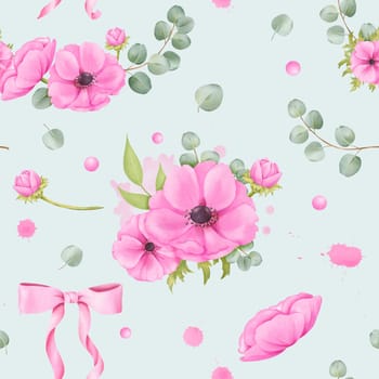 Seamless design adorned with watercolor floral elements. pink anemones, silk ribbons, splatters, eucalyptus foliage, and sparkling rhinestones. for wallpapers, fabric prints, crafting projects.