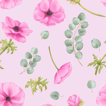 Seamless pattern on a pink background. Pink watercolor anemone flowers, greenery, eucalyptus leaves. Perfect for wallpapers, textiles, stationery, and packaging designs.