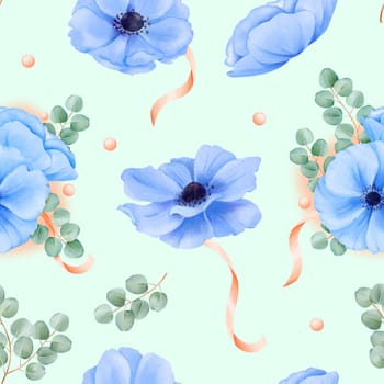 A seamless pattern watercolor floral motifs set against a celestial blue background. Delicate blue anemones, satin ribbons, sparkling rhinestones, and airy eucalyptus leaves embellish the design.
