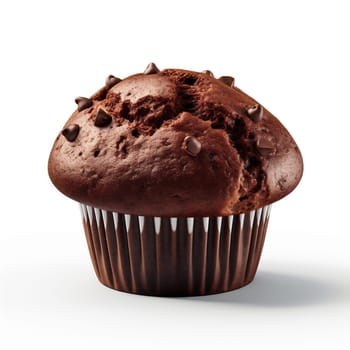 Fresh Baked Single Chocolate Muffin Isolated on White Background. Chocolate Muffin with Chocolate Chip in a Paper Muffin Cup.