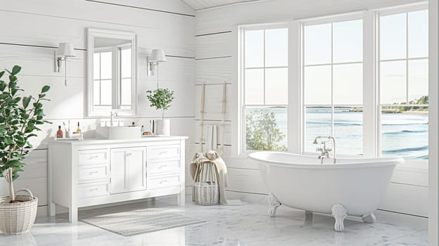 Interior of white bathroom with a bathtub and a mirror and window view. High quality photo