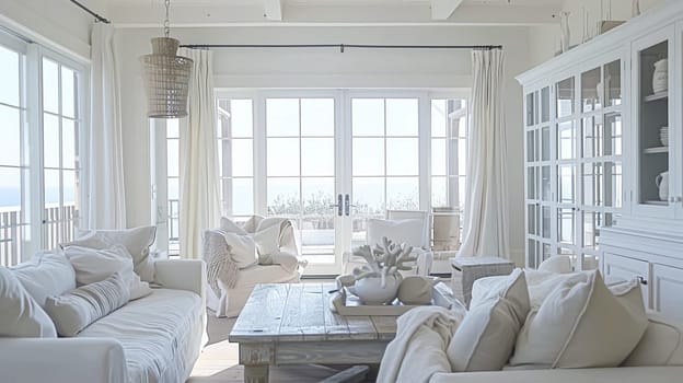 Interior of a living room with white walls, sofa and cushions. Sitting room in coastal cottage with sea view. Luxury lounge room