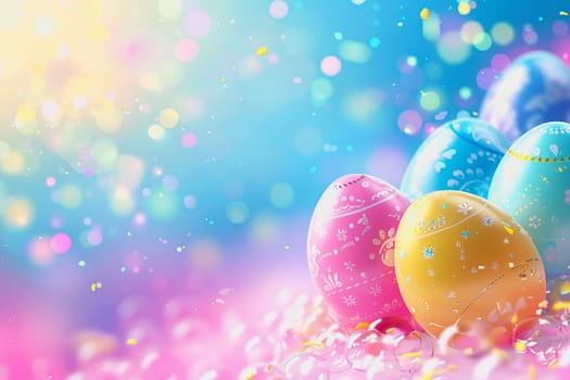 Easter eggs festival, pastel background colors charming, adorable, shiny,3D illustration concepts