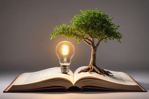A tree springs from an open book, crowned with the bright spark of a hanging light bulb.