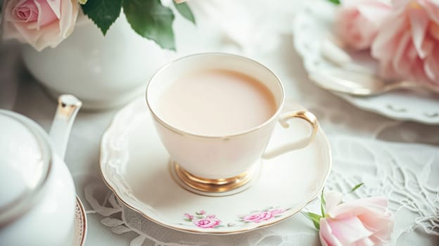 Elegant table setting for tea party with cakes and cupcakes in English manor. Selective focus. Vintage style