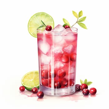 Cocktail Day with Cranberry, Ice, Lemon and Mint Leaves. Hand Drawn Coctail Day Sketch on White Background.