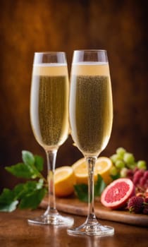 Two glasses of champagne with rose and champagne bottle on wooden background