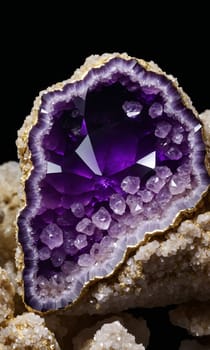 Amethyst on a black background. Macro shooting of natural jewels