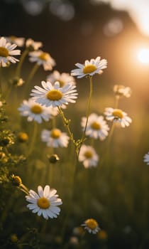 Beautiful daisies on a meadow in the rays of the setting sun.