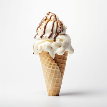 Ice Cream Cone Vanilla Flavors Isolated on White Background. Ice Cream in a Waffle Cone, Ice Cream in a Waffle Cup. Sweet Dessert Decorated with Chocolate and Nuts.