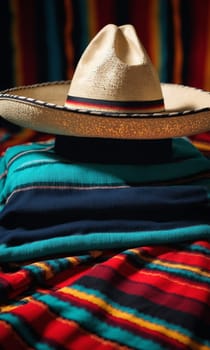 Mexican hat and colorful plaid on wooden background. Close up.