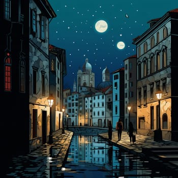 Night Italy Old Town Night Street Illustration. Italian Vintage House Architecture with River, and Apartment Facade Cityscape. Mediterranean Suburban Europe District.