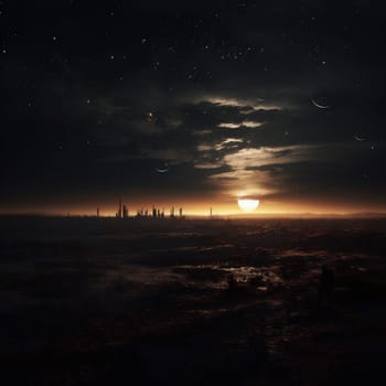 Unknown Planet. Science Fiction Futuristic Space Landscape. Alien Planet and Cities on Moon. Dark Sci-Fi Landscape Illustration.