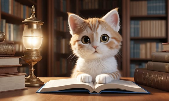 Cute cat reading books on a wooden table in the library, close-up