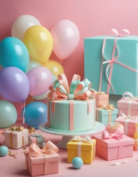 Birthday celebration with cake, balloons, and gifts. A joyous occasion with a decorated cake, colorful balloons, and wrapped presents