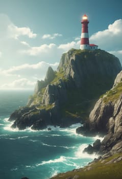 Lighthouse on a cliff in the middle of the ocean. Vintage style