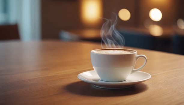 Cafe hot cup of coffee on a saucer on a dark background, casting a thin shadow. Bokeh in the background